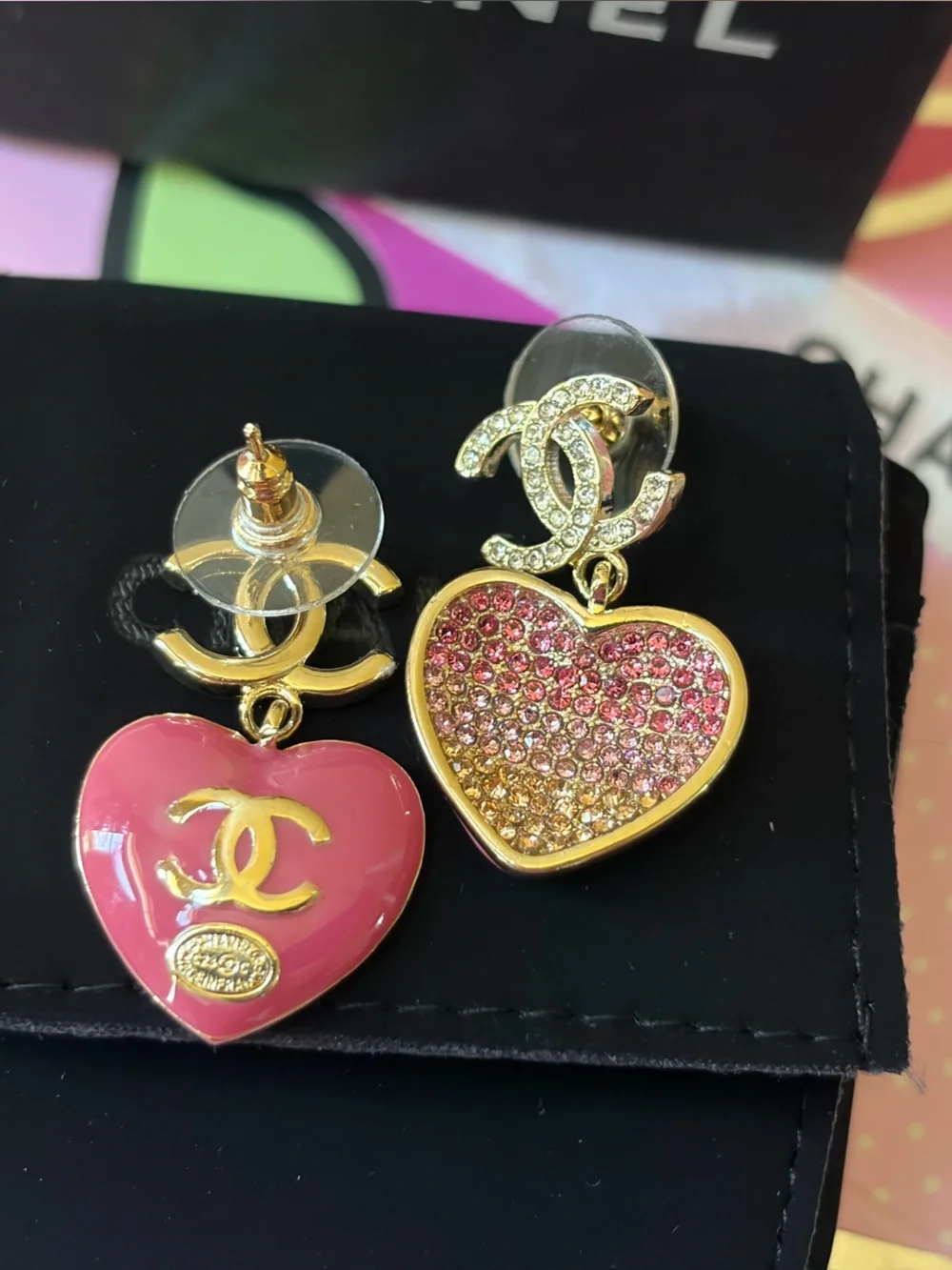 Chanel Gold and Pink Heart drop earrings